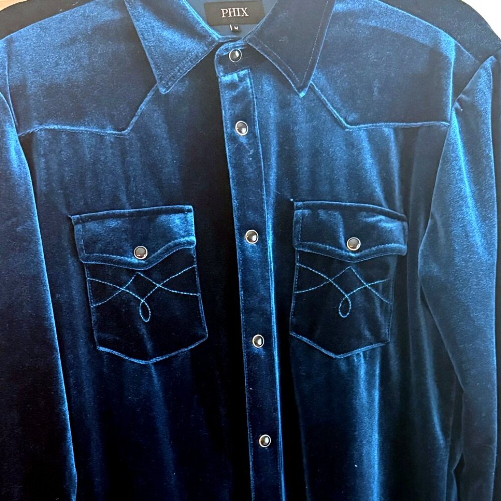 Blue Velvet Western Shirt | 70s Style | Medium - Picture 2 of 6